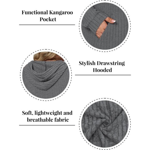 Plus Size Hoodie Women Casual Ribbed Knit Long Sleeve Pullover Sweatshirt - Picture 4 of 5